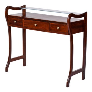 Mid Century Modern Italian Mahogany Console With Glass Top Shelf For Sale