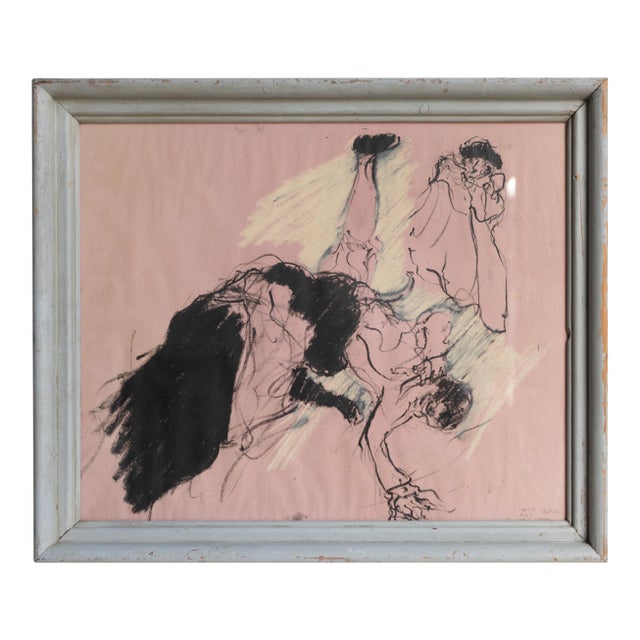 Vintage Original Pastel Drawing Depicting a Dramatic Scene by David Azuz, 1960s/1970s For Sale