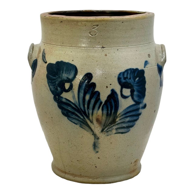 Outstanding Large 3 Gallon Size Antique American Stoneware Jar With Extensive Blue Hand Decorated Features - Circa 1830s For Sale