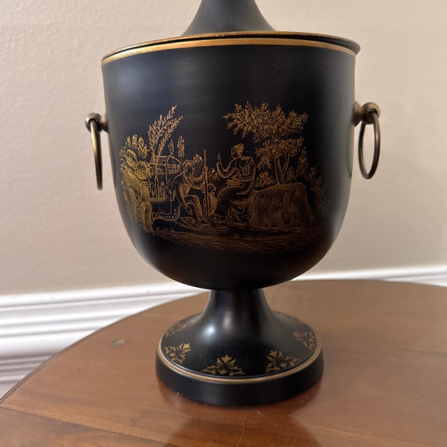Neoclassical Mid-20th Century Neoclassical French Style Tole Black & Gold Lidded Urn ~ a Pair For Sale - Image 3 of 12