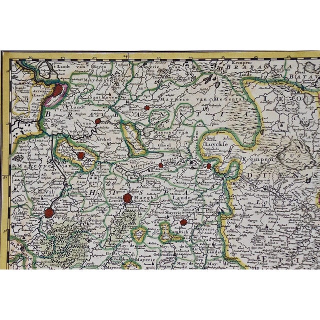 Paper Liege Region in Belgium: 17th Century Hand Colored Map by Visscher For Sale - Image 7 of 8