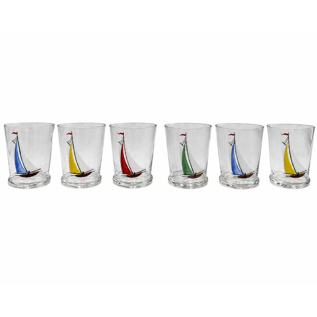 Details: -Vintage Set of 6 nautical sailboat shot glasses -A charming set of six vintage hand-painted shot glasses, each...