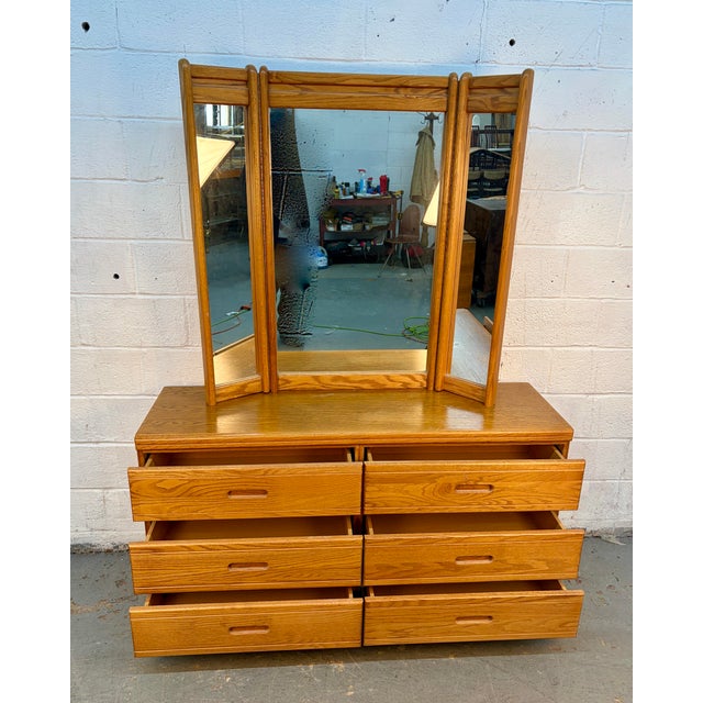 Vintage Modern Solid Oak Six-Drawer Dresser W/ Tri-Fold Mirror For Sale - Image 10 of 17
