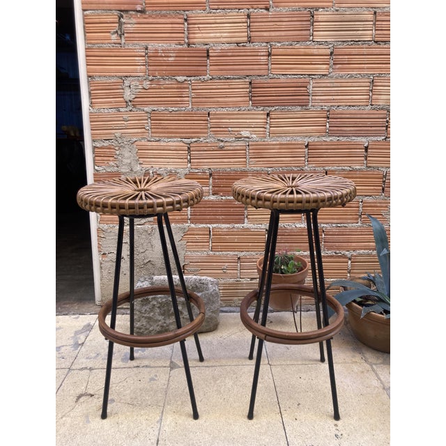 Mid-Century Modern Mid-Century High Bar Stools in Metal and Rattan by Dirk Van Sliedregt for Rohé Noordwolde, 1950s, Set of 2 For Sale - Image 3 of 4