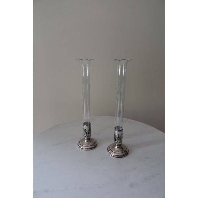Gothic Pair of Antique Weighted Sterling Silver & Etched Glass Bud Vases — Gothic Reticulated Collar, C. 1900–1930 For Sale - Image 3 of 6