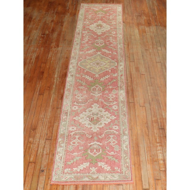 Turkish Narrow Antique Turkish Oushak PinkRunner - 2'5" X 12'6" For Sale - Image 3 of 7