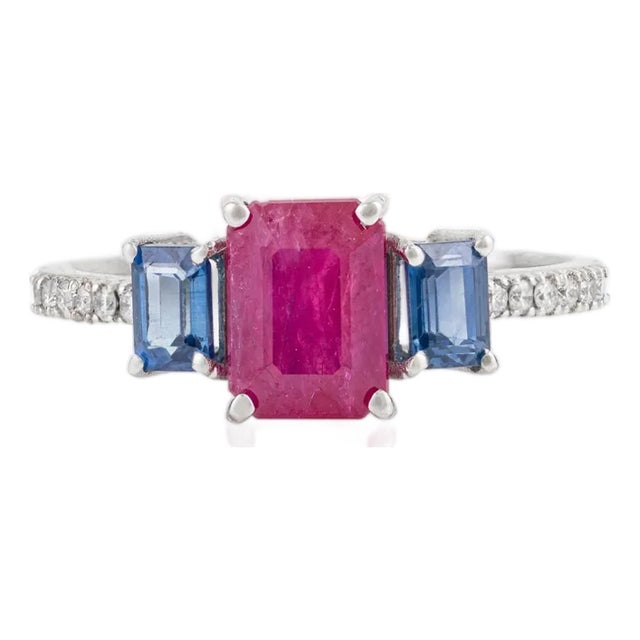 Art Deco Inspired Emerald Cut Ruby Sapphire & Diamond Ring Size 5 in 18k Gold For Sale