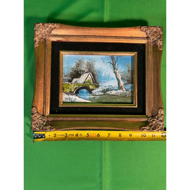 Small Winter Landscape Oil Painting, Stone Bridge and Birch, Signed, Framed For Sale - Image 4 of 5