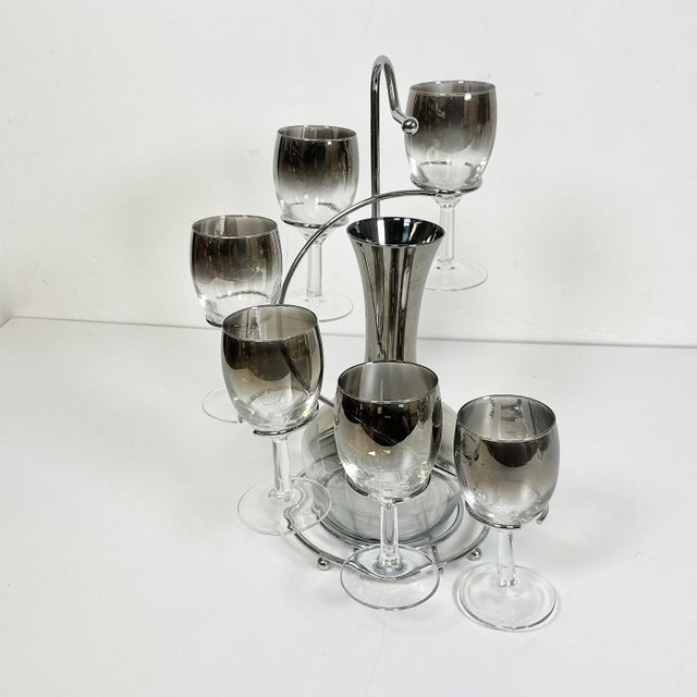 Glass 1950s Vintage Hollywood Regency Dorothy Thorpe Attrb. Wine Glasses & Carafe, Stairway Caddy - Set of 8 For Sale - Image 7 of 14
