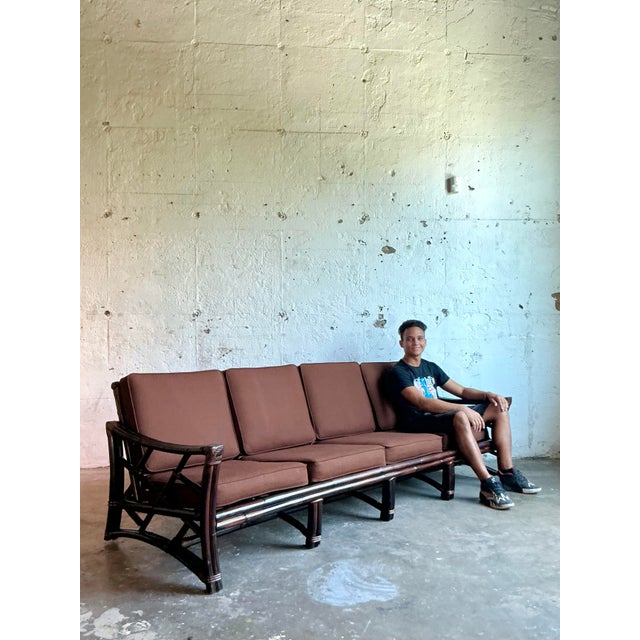 Vintage Boho Slope Arm Rattan Sofa After Ficks Reed For Sale - Image 9 of 12