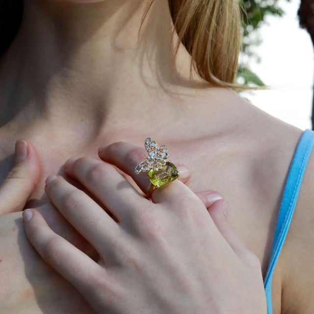 Nina Zhou 13.5ctw Aquamarine & Diamond Butterfly on Lemon Quartz Convertible Brooch-Ring (All Sizes Available) For Sale In Los Angeles - Image 6 of 7