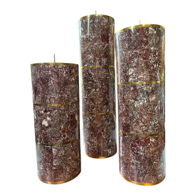 3 Maitland-Smith Tessellated Rosso Levanto Marble & Brass Candle Columns, 1980 For Sale
