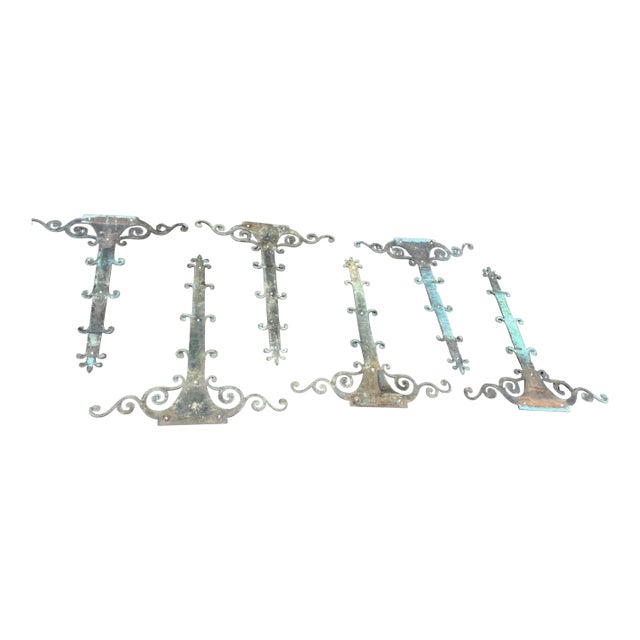 Set of 6 Vintage Ornate Wrought Metal Door Strap Hinge Covers Architectural Salvage For Sale