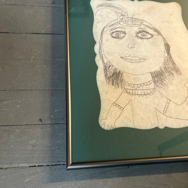 Folk Art 1990’s Original Folk Art Female Portrait Pencil Drawing on Placemat For Sale - Image 3 of 4