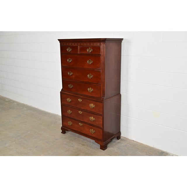 English Baker Furniture Georgian Carved Mahogany Eight-Drawer Highboy Dresser For Sale - Image 3 of 13