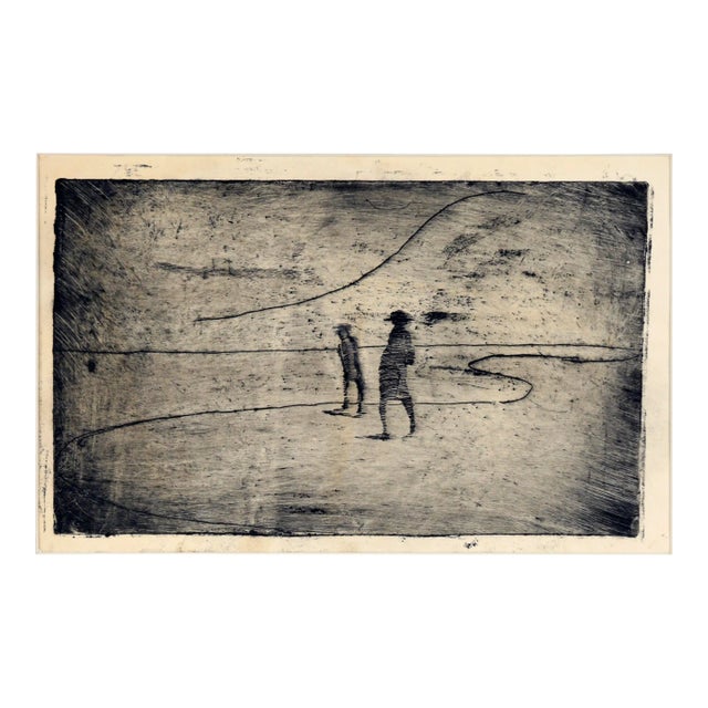 Two Figures on the Shore - Minimalist Landscape Drypoint Etching in Ink on Paper by Doris Warner For Sale