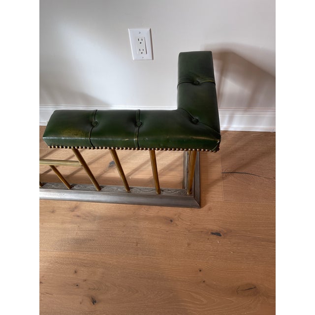 Vintage English Steel and Brass Fireplace Fender With Green Leather Tufted Seat For Sale - Image 4 of 11