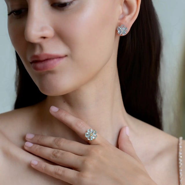 Nina Zhou Aquamarine Diamond Cherry Blossom Ring in 14k Yellow Gold, size 4 For Sale - Image 11 of 11