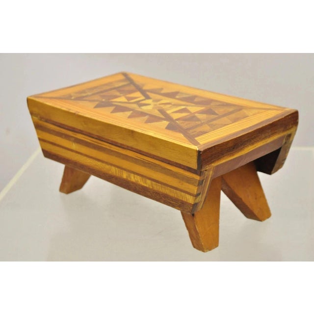 Brown Vintage Folk Art Marquetry Inlay Small Wooden Primitive Footstool Ottoman Stool For Sale - Image 8 of 11