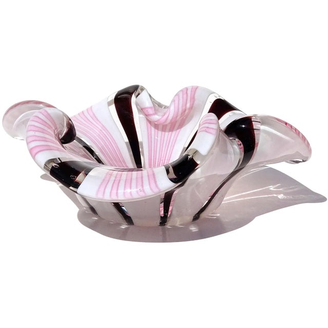 Murano Vintage Murano Pink Black White Alternating Ribbons Italian Art Glass Folded Edges Decorative Bowl For Sale - Image 4 of 9