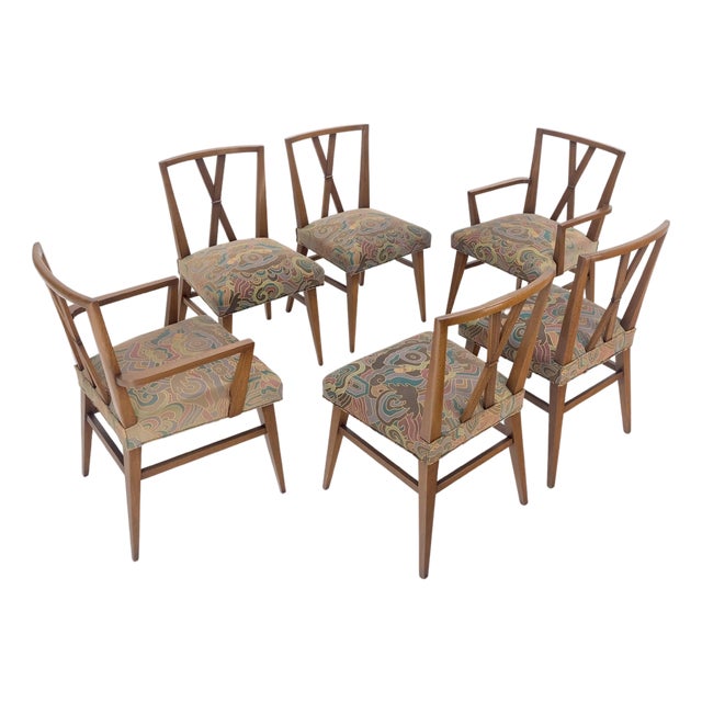 Set of 6 Tommy Parzinger Light Walnut Dining Chairs Lenor Larsen Upholstery MINT For Sale