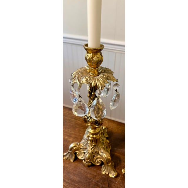 Ornate Gold Candle Holders With Crystal Prisms For Sale - Image 12 of 12