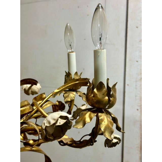 Vintage Italian Gilded Tole and Cream Enamel Floral 6-Light Chandelier For Sale - Image 14 of 17