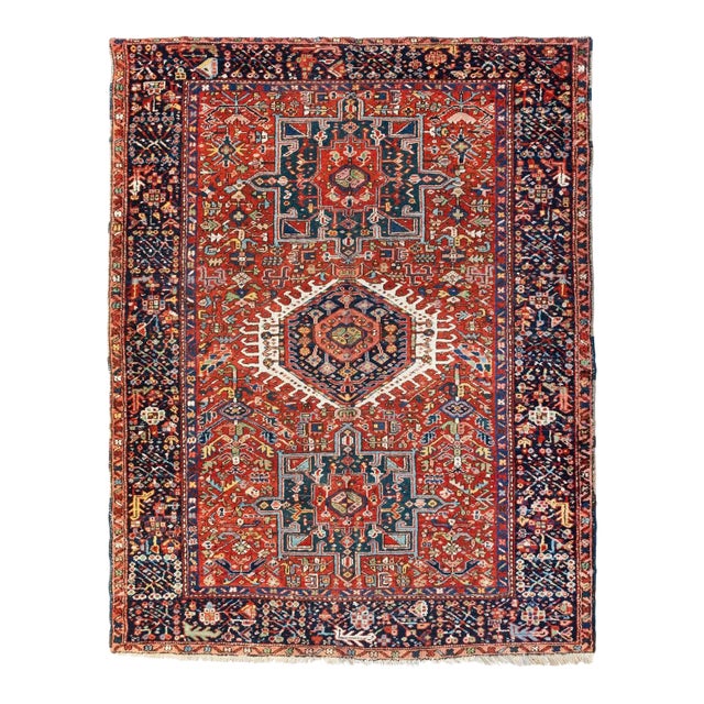 1940s Persian Red Navy Blue Geometric Tribal Karaja Small Rug For Sale