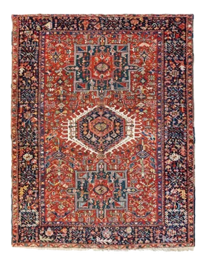 1940s Persian Red Navy Blue Geometric Tribal Karaja Small Rug