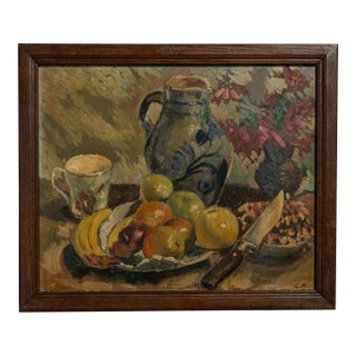 Oil on Panel Still Life With Fruit and Vessels by L. R. In Wooden Frame For Sale