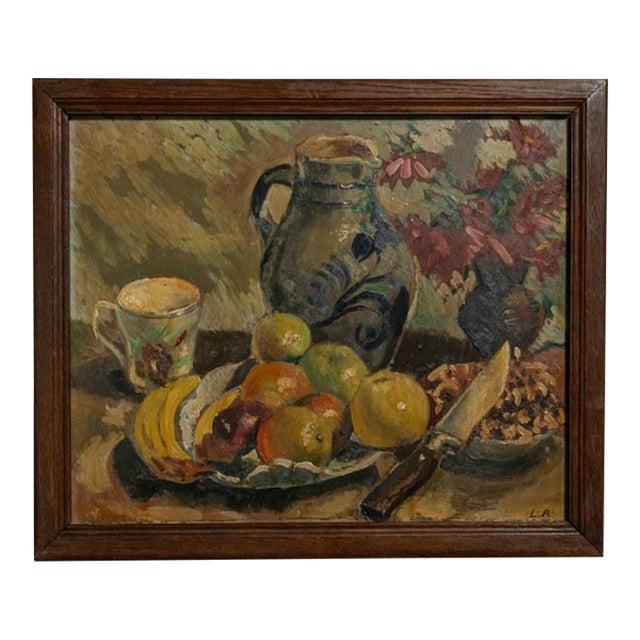 Oil on Panel Still Life With Fruit and Vessels by L. R. In Wooden Frame For Sale