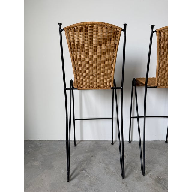 1970's Frederic Weinberg Style Rattan & Iron Bar Stools - Set of 3 For Sale - Image 11 of 14