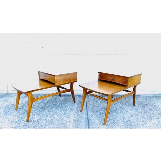 Mersman Mid 20th Century Pair of Mersman Solid Wood Single Drawer 2-Tier Step End Tables Model 8170 Classic MCM Style For Sale - Image 4 of 12