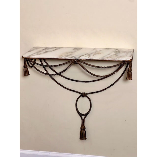 Hollywood Regency Italian Rope and Tassel Gilt Iron Wall Mount Console Table, Marble Top, 1960s For Sale - Image 3 of 12