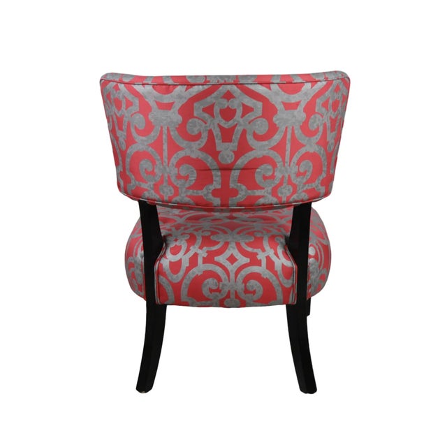 Wood Pair of Gray and Coral Embossed Ornate Pattern Upholstery Chair For Sale - Image 7 of 9