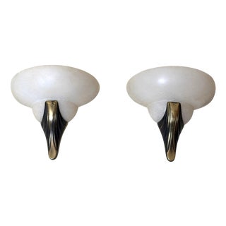 Art Deco Style Hand-Carved Alabaster and Brass Wall Sconces, 1980, Set of 2 For Sale