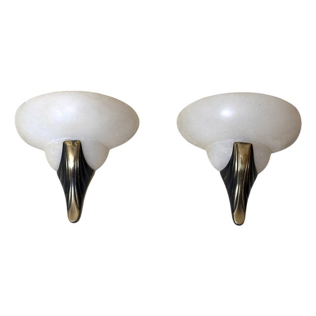 Art Deco Style Hand-Carved Alabaster and Brass Wall Sconces, 1980, Set of 2 For Sale