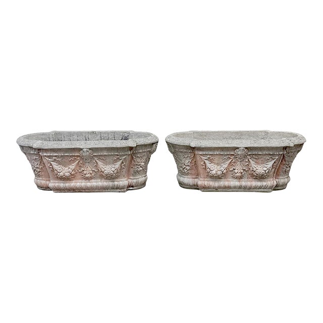 French Neoclassical Style: Pair of Cast Stone Garden Planters For Sale