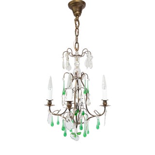 French Chandelier in Brass with Green Crystals, 1920s For Sale