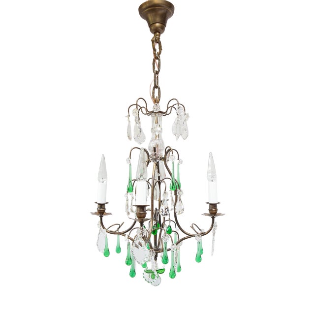French Chandelier in Brass with Green Crystals, 1920s For Sale