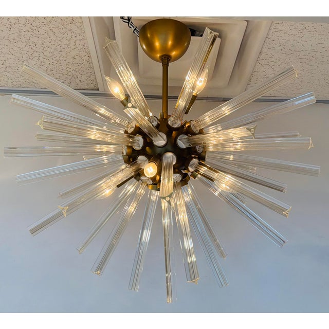 One of a kind Arteriors Modern Custom Semi-Flush Sputnik Chandelier as Is, brass hardware, glass rods, showroom floor sample