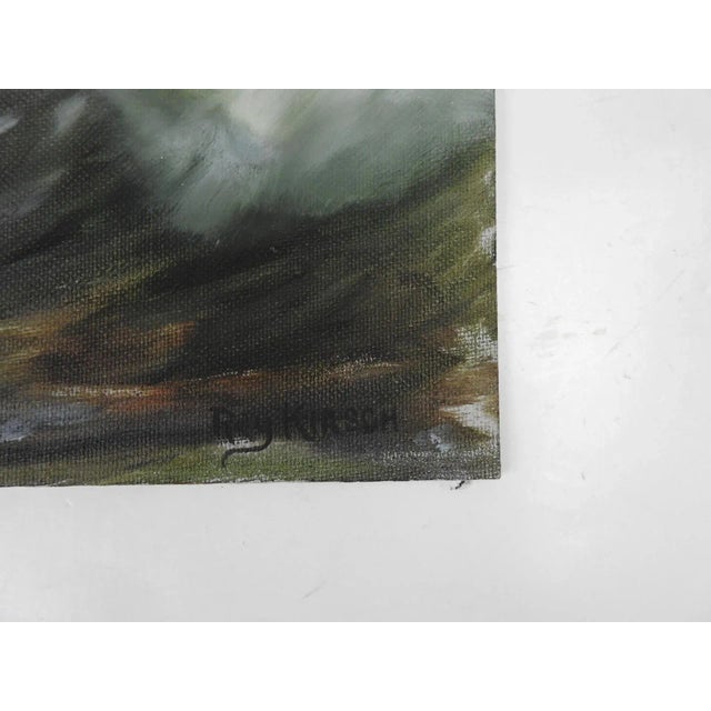 Vintage late 20th century acrylic on canvas board painting of seascape with crashing waves on rocky coast. Signed Ray...