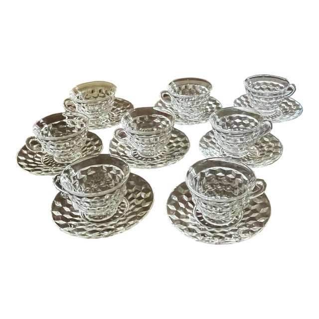 Mid 20th Century Cut Glass Teacups & Saucers, Set of 19 For Sale