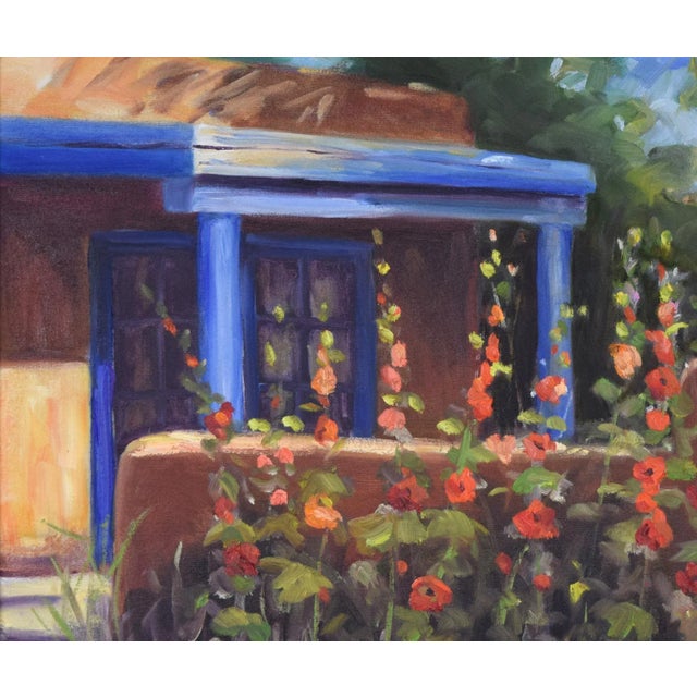 1990s Vintage Southwestern Painting Taos New Mexico Adobe Home With Flowers For Sale - Image 5 of 7
