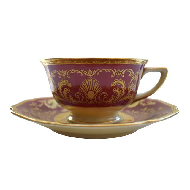 1930s Vintage 30s Heinrich and Co. Selb H & C Bavaria German Porcelain Red and Gold Encrusted Tea Cup and Saucer With Desert Plate - Service for 3 For Sale - Image 5 of 12