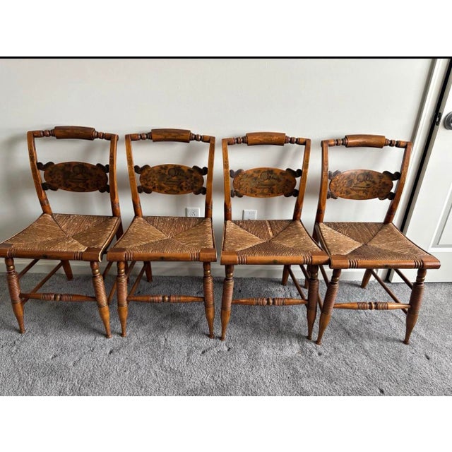 Antique American Hitchcock Turtleback Rush Seat Side Chairs Traditional pillow-top rails ✨On one chair some of the rush is...