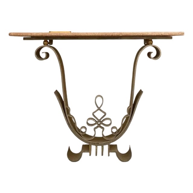 Iron + Marble French Art Deco Poillerat-Style Wall-Mounted Console Table For Sale