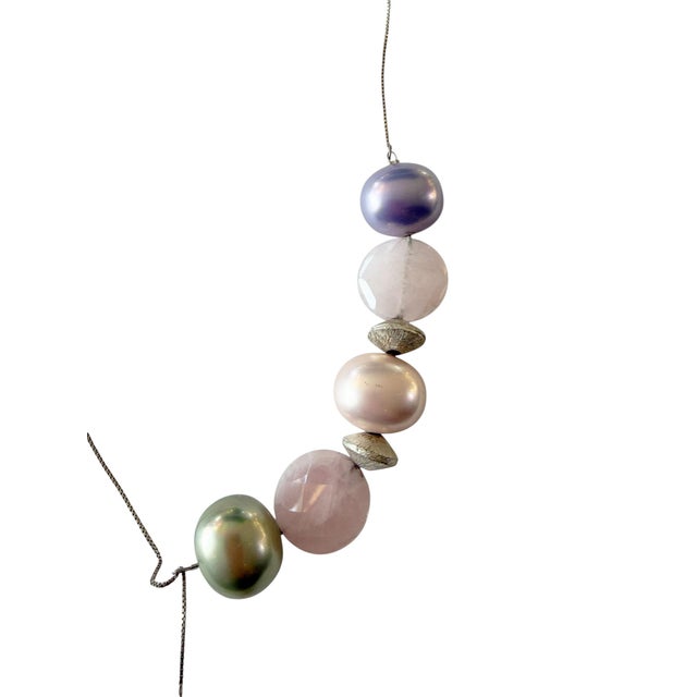 Pink Designer Sterling Silver Chain Necklace With Brazilian Rose Quartz/Pearls For Sale - Image 8 of 8