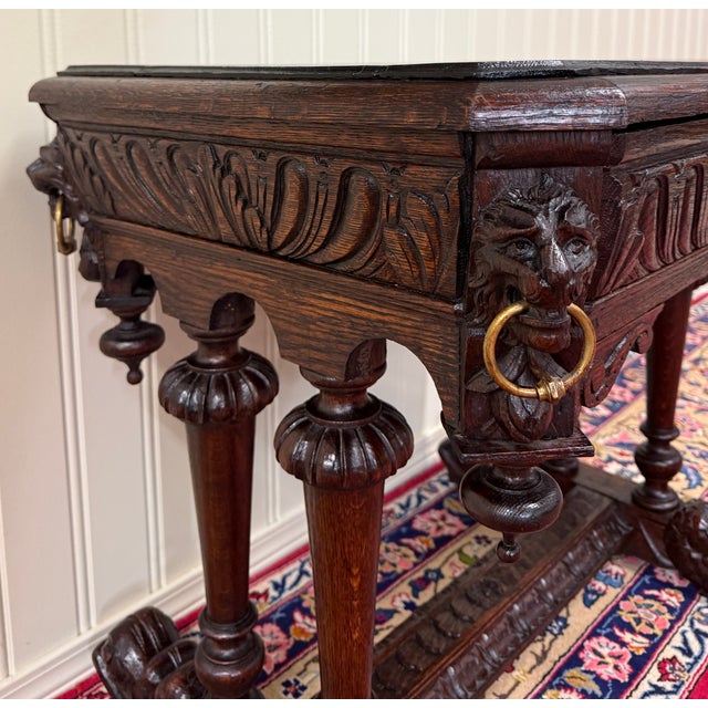 Antique French Oak Renaissance Revival Library Dolphin Table Desk C. 1880s For Sale - Image 16 of 18