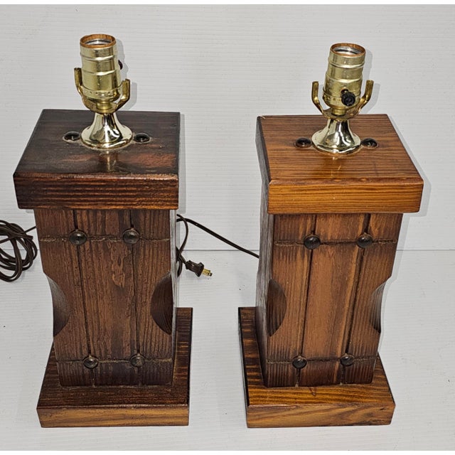 Wood Pair of 1970s Handcrafted Rustic Solid Pine Framhouse Style Lamps For Sale - Image 7 of 9